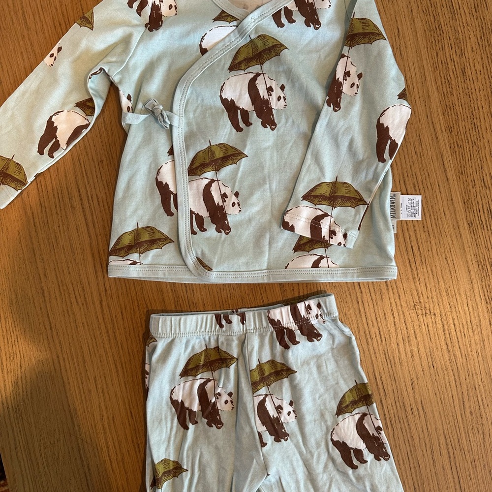 Milkbarn Panda Umbrella Pajama Set - Light Blue and Olive